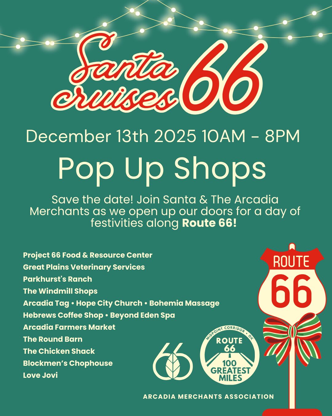 Flyer for “Santa Cruises 66” pop-up shops event on December 13, 2025, along Route 66 in Arcadia.