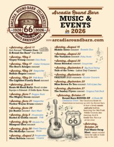 Poster for Arcadia Round Barn Music & Events in 2026 celebrating Route 66’s 100th anniversary, featuring a full calendar of concerts and community events with vintage illustrations of a guitar, musical notes, and a Route 66 sign.