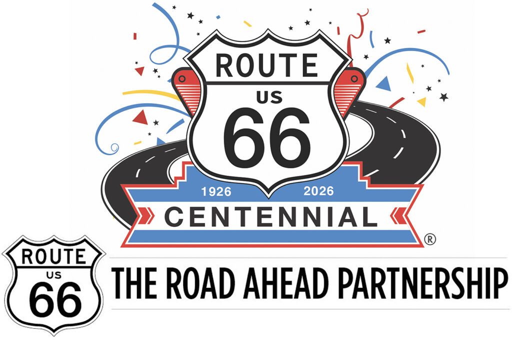 Route US 66 Centennial 1926–2026 logo with Route 66 shield, stylized road, confetti graphics, and the words “The Road Ahead Partnership.”