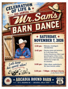 Western-style event flyer for Mr. Sam’s 3rd Annual Barn Dance and Celebration of Life, featuring a photo of Samuel 'Mr. Sam' Gillaspy in a cowboy hat and blue western shirt.