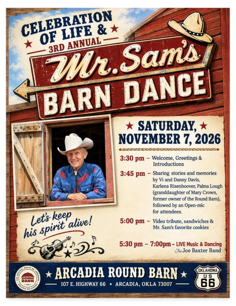 Western-style event flyer for Mr. Sam’s 3rd Annual Barn Dance and Celebration of Life, featuring a photo of Samuel 'Mr. Sam' Gillaspy in a cowboy hat and blue western shirt.